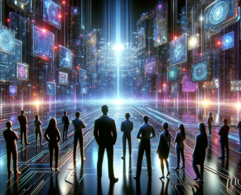 3D illustration of diverse professionals looking at futuristic glossy neon-lit cityscape in a high-tech environment